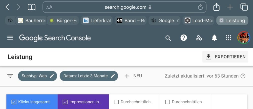 Screenshot Google Search Console Leistungsbericht nicht aktuell