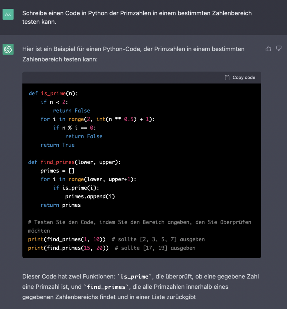 Screenshot von ChatGPT. Code wurde nach Anweisung geschrieben.